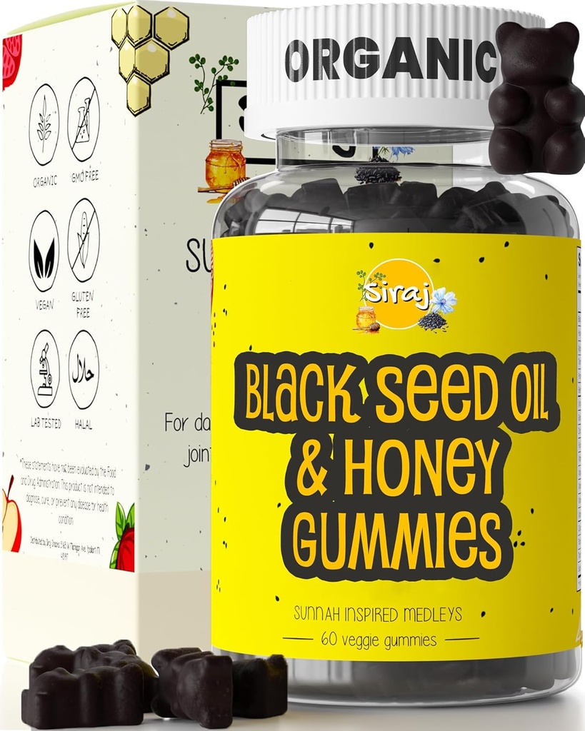 Siraj Organic Black Seed Oil Gummies w/Honey &15% Thymoquinone ¦ Multivitamin for Immune Support, Stress Relief Gummy Vitamins TEN Turmeric, Apple Cider Vinegar, Multivitamin Gummies