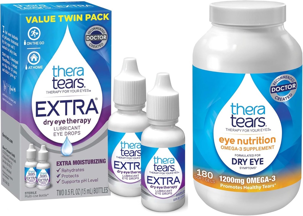 TheraTears 1200mg Omega 3 Suplemento para la Nutrición Ocular, Orgánica Triglicérida Pez Aceite y Vitamina E, 180 Cuenta con Thera Tears Ojo gotas para Ojos Secos, 0,5 Fl Oz, 15 Ml, 2 Pack
