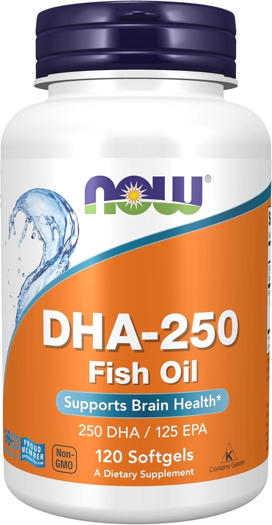 NOW Foods Supplements, DHA-250 with 125 EPA, Molecularly Distilled, Supports Brain Health*, 120 Softgels