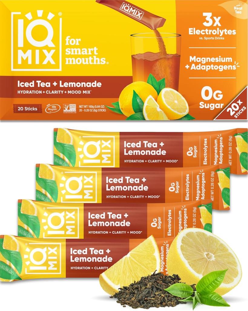 IQMIX Hydration Electrolyte Powder – 4-in-1 Formula for Hydration, Mental Clarity, Mood and Recovery – Sugar-Free Drink Mix, Keto, Magnesium L-Threonate, Lion’s Mane – 20 Count New Iced Tea Lemonade