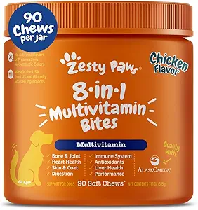 Zesty Paws Dog Multivitamin, Chewable Dog Vitamins and Supplements for Hip " Joints, Skin " Coat, Omega 3 Fish Oil for Dogs- Senior " Puppy Multivitamin- Chicken- 90ct