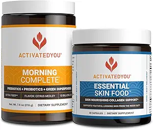 ACTIVATEDYOU Buenos días Prebióticos completos, Probióticos, Superalimentos Verdes (Citrus Medley) + Colágeno de Comida Esquí esencial, Elastin Support, 30 Servimientos