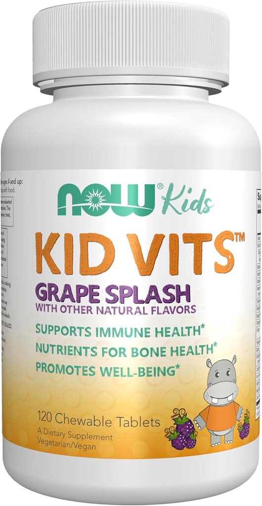 AHORA Suplementos para niños, niños Vits Multivitamínico, sabor de la uva, 120 Tablas Chewable