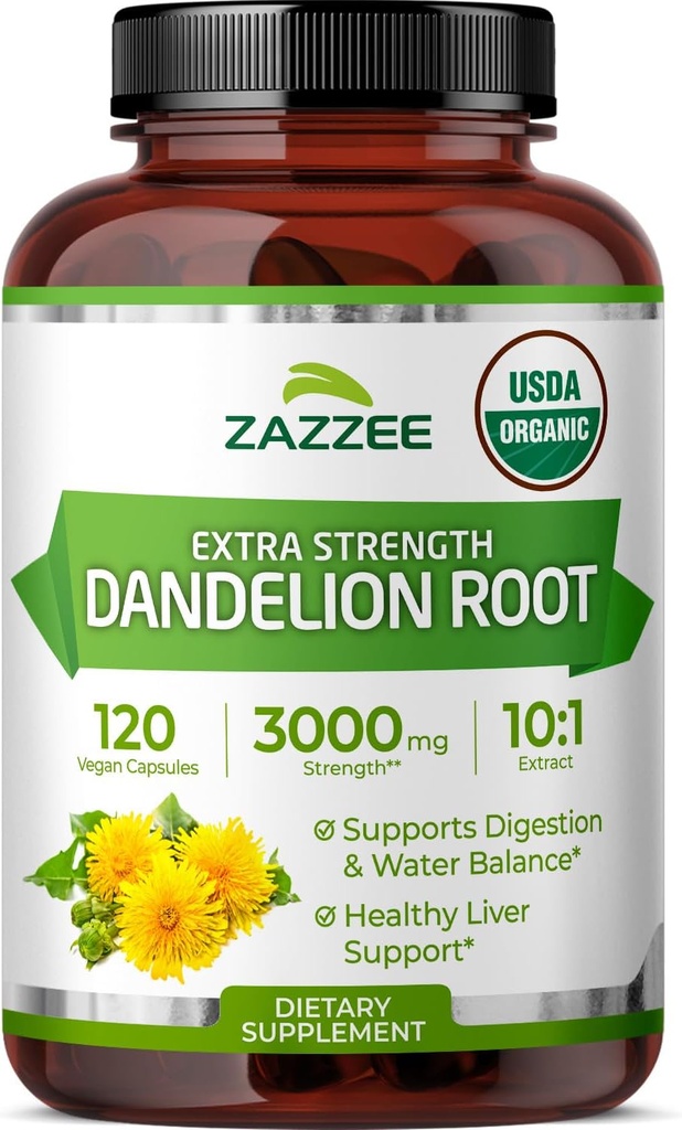 Zazzee USDA Organic Dandelion Root 10:1 Extracto, 3000 mg Fuerza, 120 cápsulas, 4 meses de suministro, estándar y concentrado 10X Extracto, 100% vegetariano, todo natural y no GMO