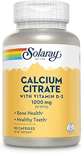 Citrato de Calcio Solaray con Vitamina D3 1000mg - Fuerza de Bone y Soporte de dientes saludables - Digestión suave Fórmula - Lab Garantía verificada de 60 días - 15 Serviciones, 90 cápsulas