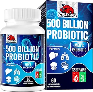 Probióticos para Hombres, 500 Billones CFU &amp; 12 Hombres Probiótico para Salud Digestiva + 4 Fibra Prebiótica Orgánica, para Salud Digestiva, Gut, Inmune, Bloating, Gas, Apoyo Energético, Estable de Estante - 60 cápsulas