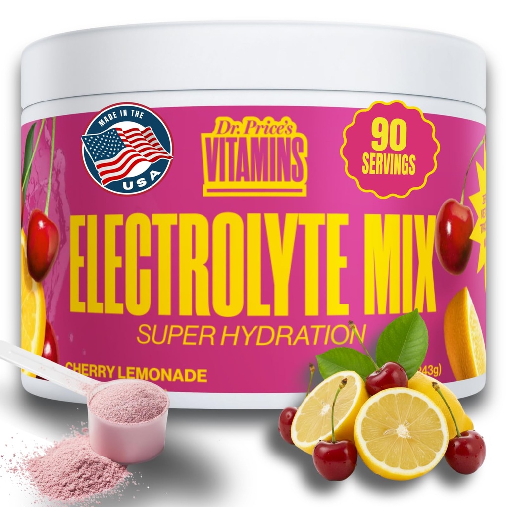 Dr. Price's Electrolyte Mix ← Polvo de hidratación libre de azúcar con 72+ Trace Minerals ← No Azúcar, Electrolitos de resolución rápida Embalajes de pólvora ¦ Cherry Lemonade, 90 Servimientos