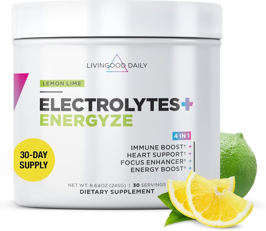 Livingood Daily Electrolytes Powder, Electrolytes Hydration Powder with Vitamin C, Taurine, D Ribose " FOS, Sugar Free Electrolyte Drink Mix, Keto, Gluten Free, Lemon Lime Flavor, 30 Servings
