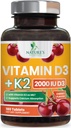 Vitamina D3 K2 2000 UI Plus con K2 (MK-7) 75 mcg - Vitaminas D & K Suplemento Complejo para el Hueso, Dientes, Muscle, Calcio Absorción, Apoyos Immune & Corazón Salud, Fórmula no cultivable - 180 Tabletas