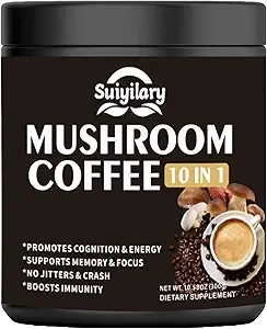 Café de seta, 10 Mushroom Extract Powder Blend Lion's Mane, Reishi, Chaga, Cordyceps, Turquía Tail, Brain Supplements with Instant Coffee for Energy, Focus, Memory and Immunity 300g