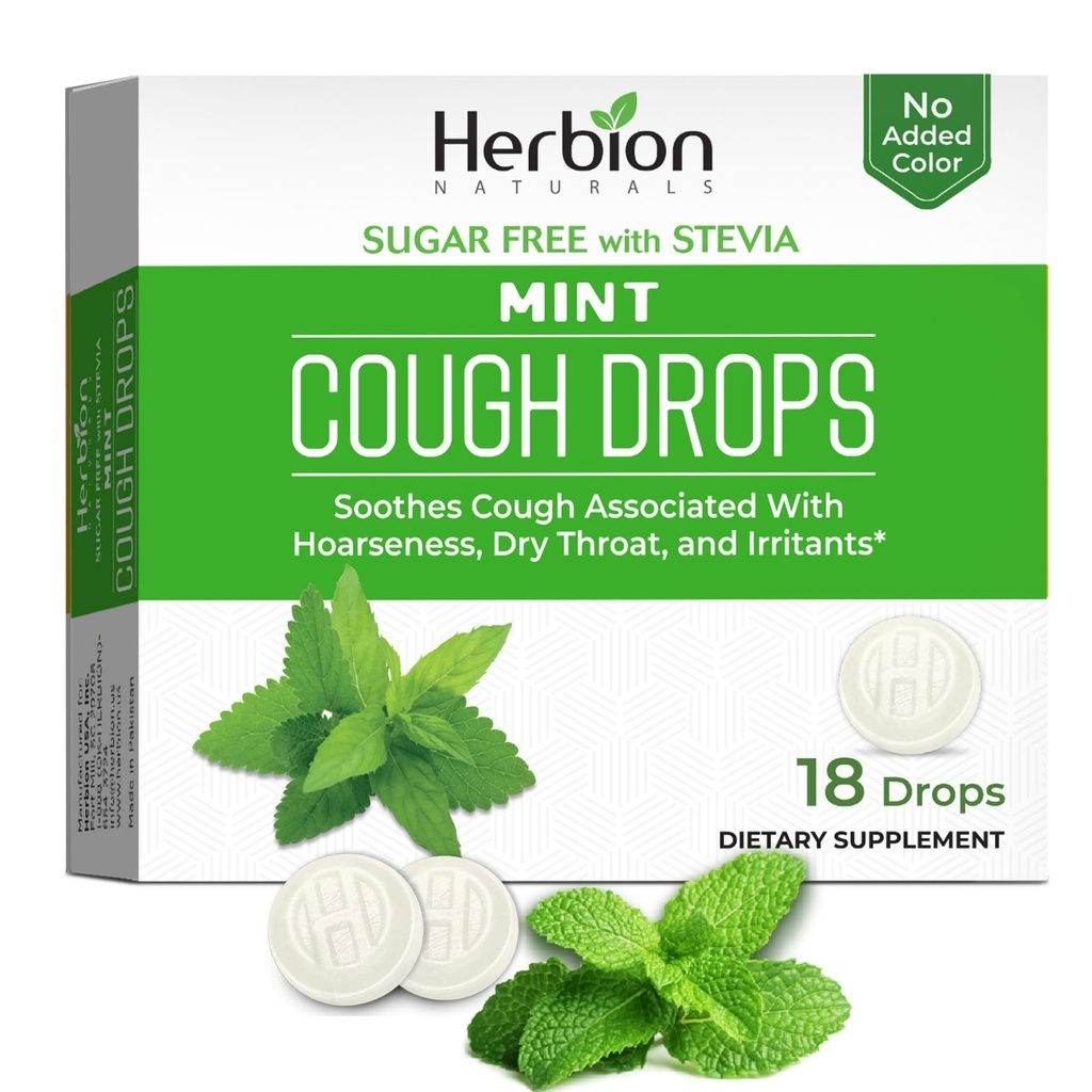 HERBION Naturals Cough Drops, Sugar Free with Stevia, Dietary Supplement, Soothes Cough, for Adults & Children Over 6 Years, 18 Count, Mint, Pack of 1