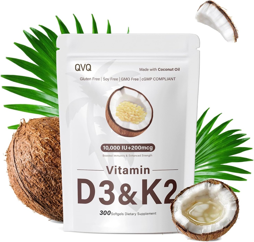 300 Pcs 2 en 1 Vitamina D3 10000 iu Plus K2 (MK-7) 200 mcg Aceite de coco virgen Softgels con vitaminas D &amp; K Soporta Absorción de calcio, bonificación, inmune, " Salud cardíaca: fácil de absorber