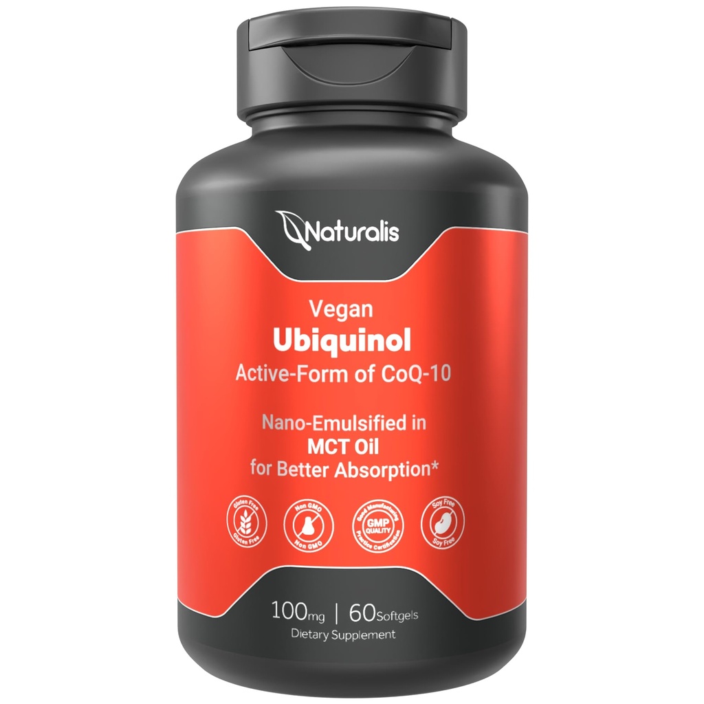 Naturalis Ubiquinol 100mg Active CoQ-10 Emulsified in MCT Oil for Better Absorption | Gluten Free, Non-GMO & Soy-Free | Cardiovascular Wellness, Antioxidant Protection, and Healthy Skin* | 60 Softgels