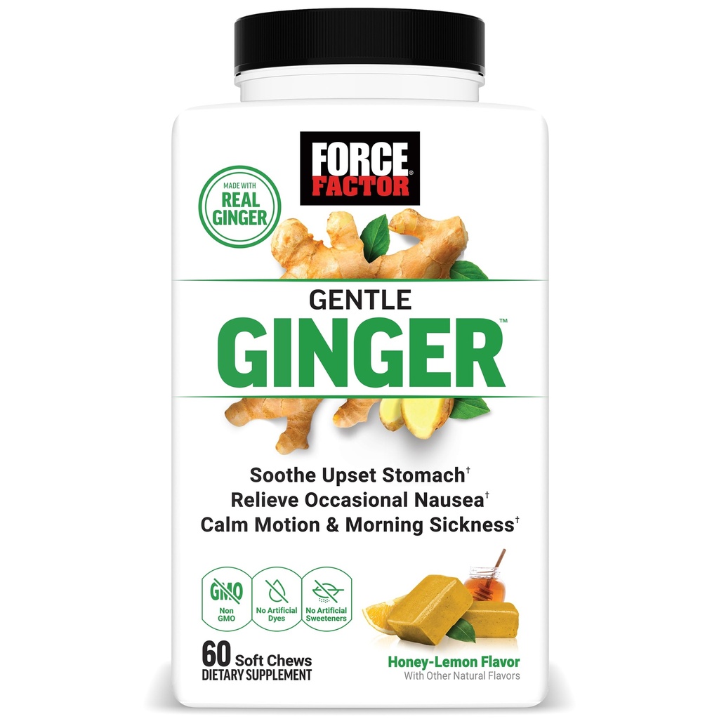Force Factor Gentle Ginger Chews for Nausea Relief, Motion Sickness, and Morning Sickness, Ginger Supplement with Vitamin B6 for Digestive Support, Non-GMO, Honey-Lemon Ginger Flavor, 60 Soft Chews