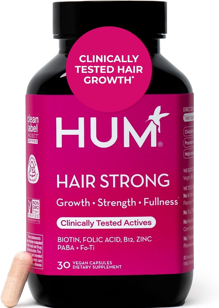HUM Hair Strong Daily Hair Growth Supplement with Biotin, Zinc, Vitamin B12 to Support Growth, Folic Acid &amp; Vitamina B12 Vitaminas para el Hair Healthy Support for Women and Men, 30 Vegan Capsules