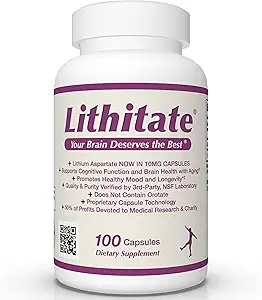 Lithium Aspartate 10mg ← Apoya Función Cognitiva " Brain Health with Aging ← NSF Certified ← Promueve la Claridad Mental, Saludable Mood " Longevity