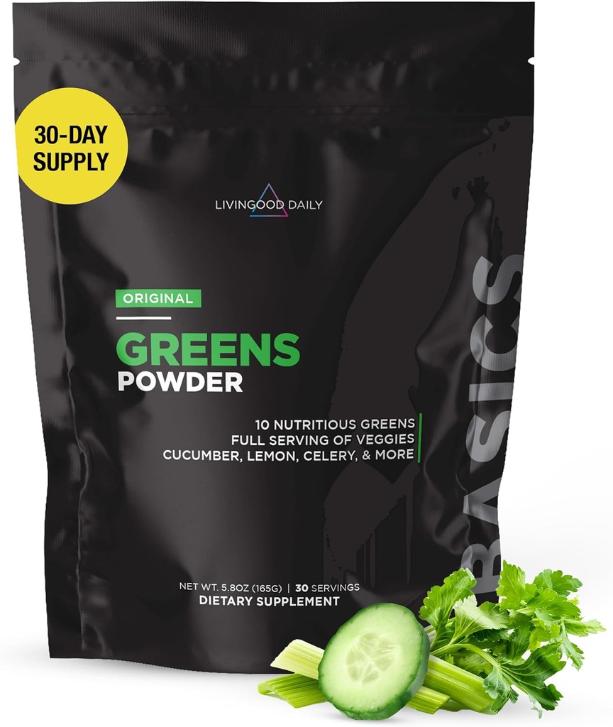 Livingood Daily Basic Greens Powder, Super Greens Drink Mix with Spirulina, Broccoli, Kale, Wheat Grass & Clorella, Organic Vegetable Blend, Vegan, Gluten Free, Non GMO, 30 Servings
