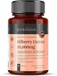 purclinica Bilberry Extract 10,000mg x 180 Tablets (6 meses de suministro)- 10X Más anthocyanidin Plus 5mg Black Pepper por Tablet