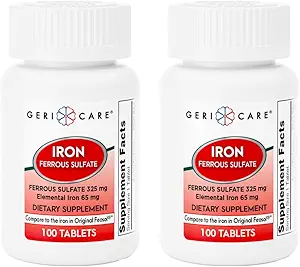GeriCare Ferrous Sulfate Tablets 325mg, Elemental Iron 65 mg High Potency Iron Supplement | Dietary Supplement 100 Count. (Pack of 2)