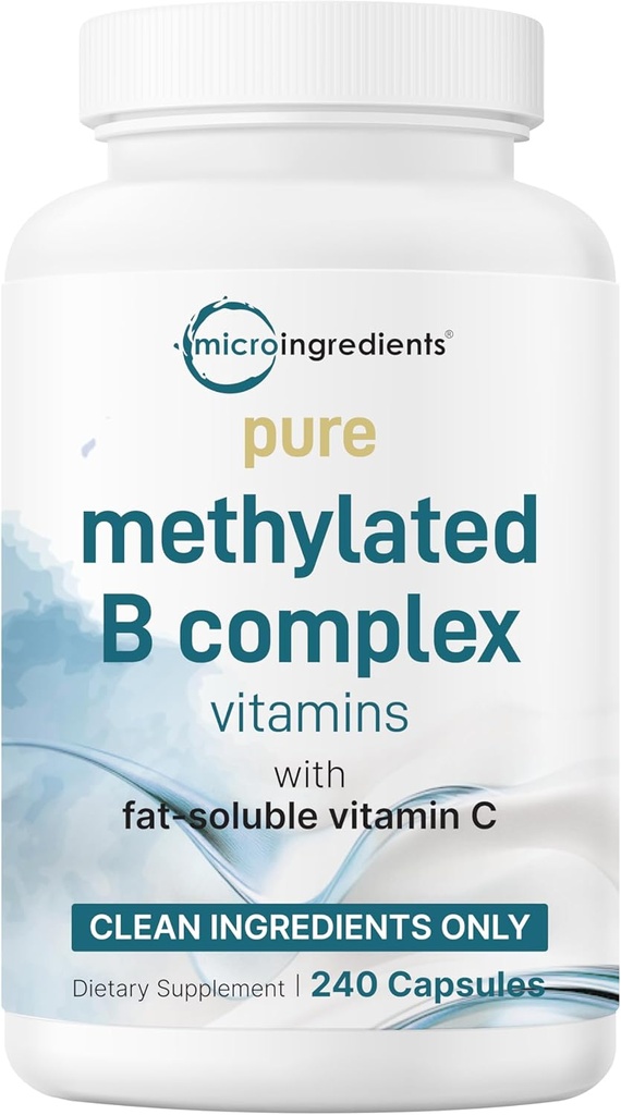 Micro Ingredientes Complejo B puramente metilado, 240 cápsulas TENIDO 11-en-1 Fórmula con B12, Thiamin, Folate, Inositol, Choline &amp; Vitamina C TEN soporta Energía, Mood &amp; Nerve Health TEN Filler Free, Non-GMO