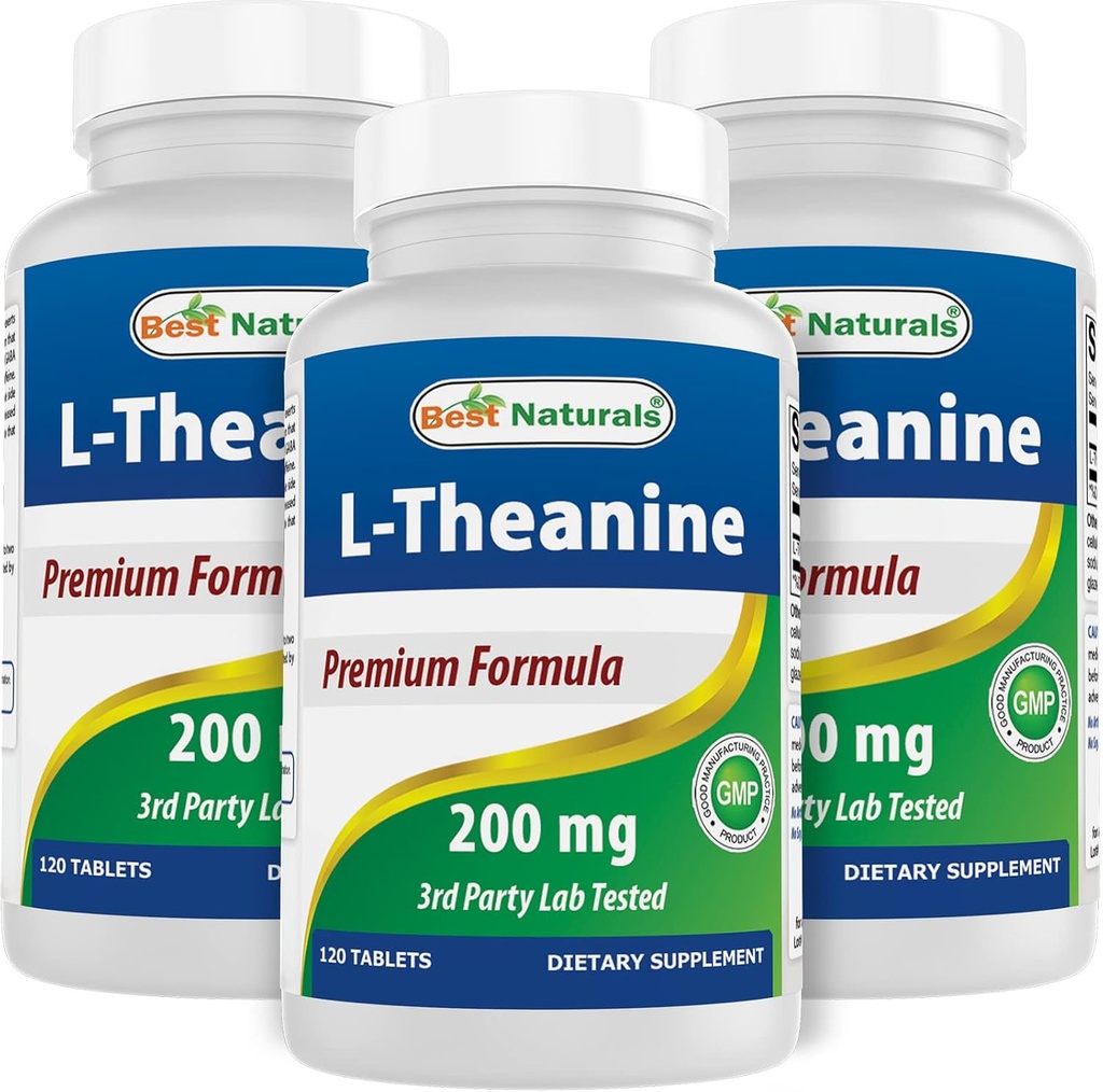 Best Naturals L-Theanine 200mg por Tablet (400mg por 2 Tablets) - Promueve la relajación sin somnolencia - 120 Tabletas Vegetarianas - (120 Cuenta (Pack of 3))