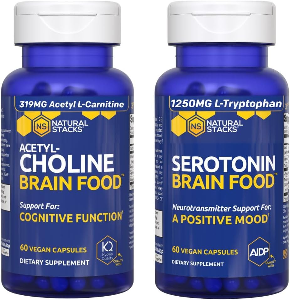 NATURAL STACKS Acetylcholine Brain Food " Serotonin Brain Food Bundle - Supports a Positive Mood " Cognitive Function* - 120 Total Capsules