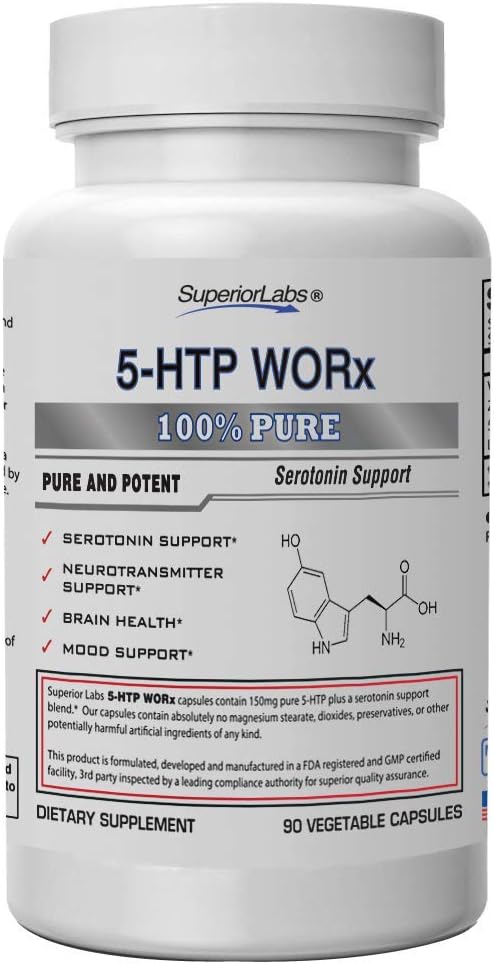 Laboratorios superiores – 5-HTP Worx - 150 mg Puro 5-HTP Plus Potent Serotonin Blend - 90 cápsulas vegetales - Amplificación de serotonina - Soporte neurotransmisor - Salud cerebral - Soporte de humor