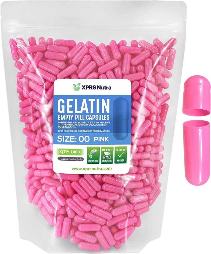 XPRS Nutra Size 00 Empty Capsules - 1000 Count Empty Gelatin Capsules - Pills DIY Capsule Filling - Fillable Pill Gel Caps for Do-It-youself Supplements (Pink)