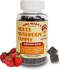 Mini Mushy's Organic Everyday Support Gummies ← Turquía Tail, Reishi, Lions Mane, Cordyceps Mushrooms  durable for Kids Aged 2+ Natural Color, Allergy Friendly, Low Sugar ← Strawberry Flavor - 30 Count