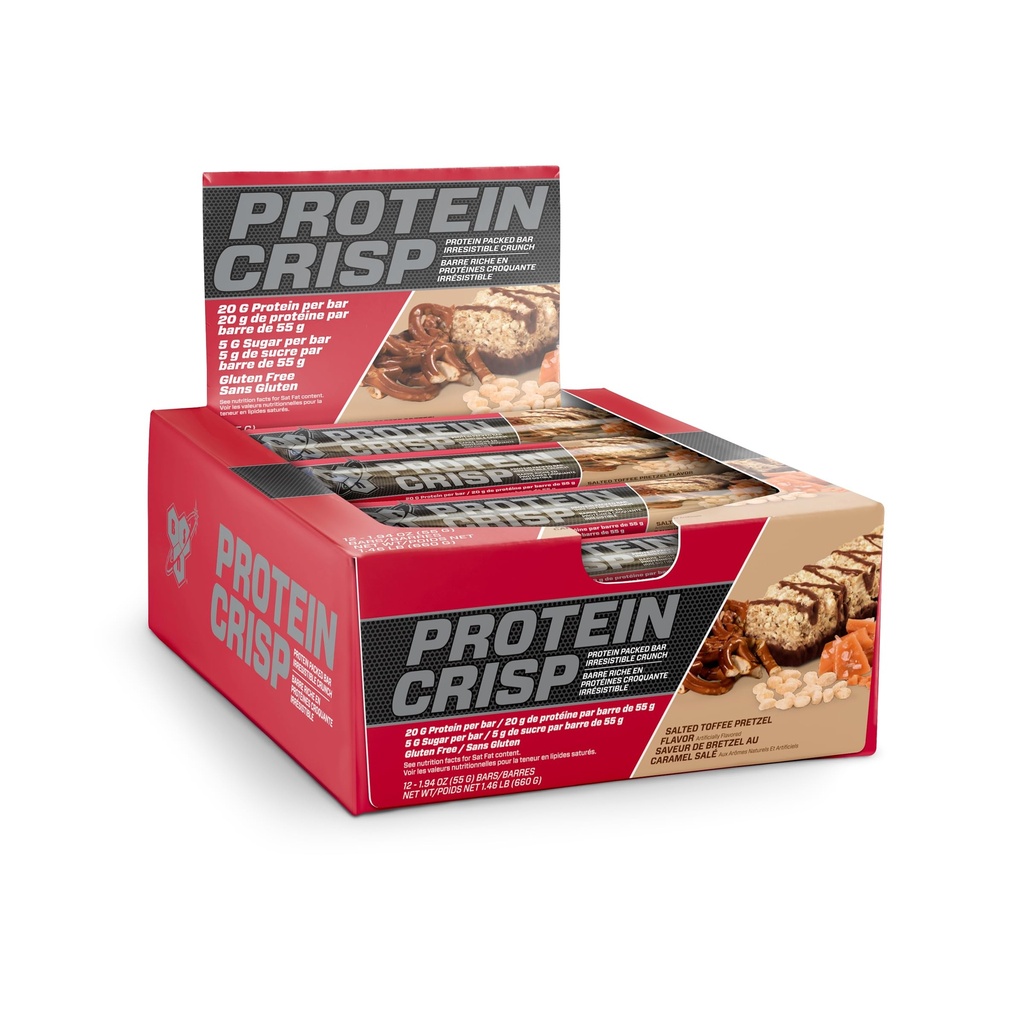 BSN Protein Crisp Bar, Salted Toffee Pretzel, 20 Gram Protein Snack Bars with Whey and Fiber, Gluten-Free Crunchy Energy Bars for Workout, Fitness, On-the-Go, 12 Count