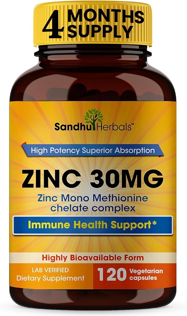 SANDHUHERBALS Zinc 30mg Cápsulas para Hombres &amp; Mujeres TENIDO 120 Conde (Pack of 1) TEN Zinc Suplementos para Immune &amp; Antioxidante Apoyo TEN Zink 30 mg Suplementos Apoyos Skin Health