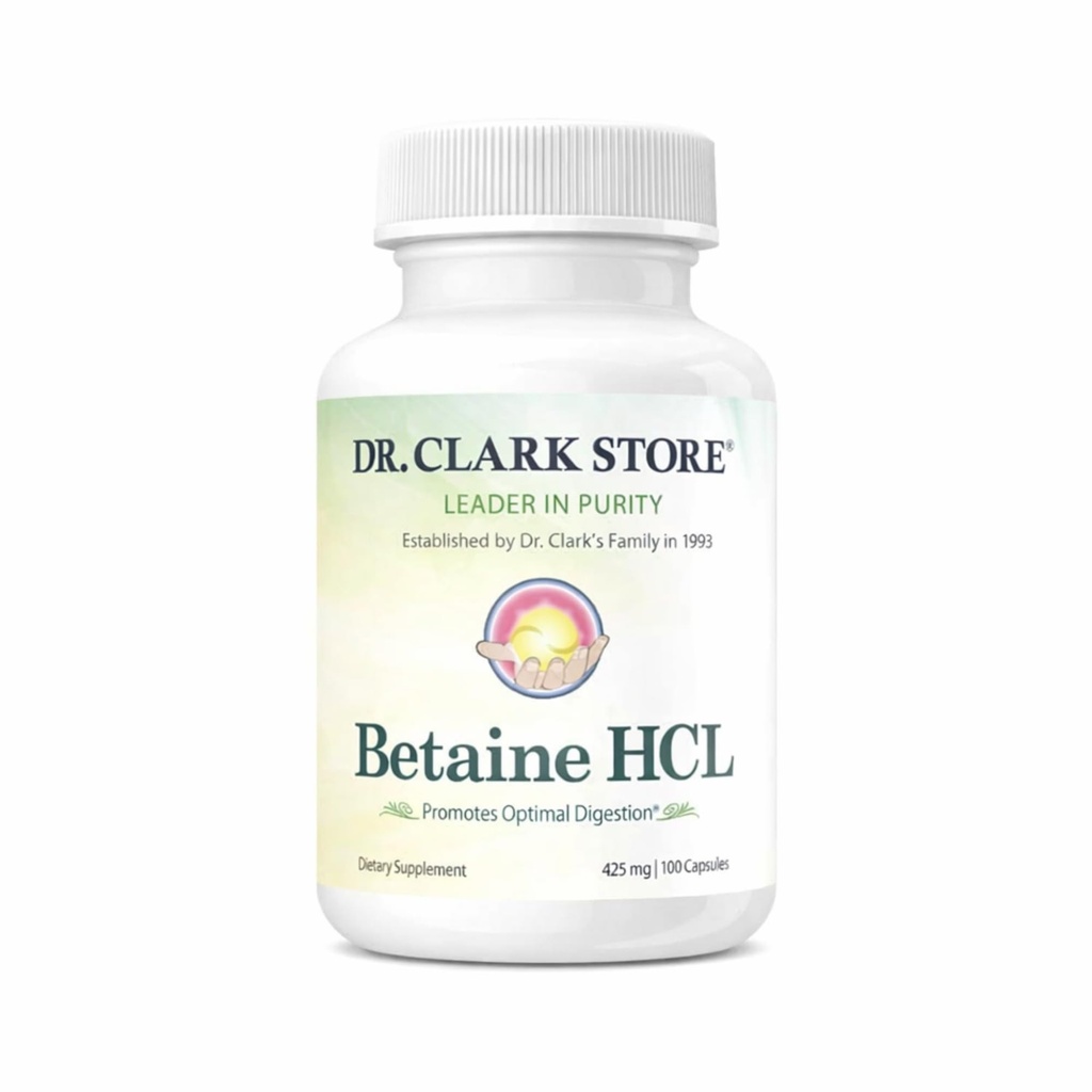 Dr. Clark Betaine HCL Digestive Enzymes - Medicamento de Reflujo ácido, Suplemento de proteína de ácido clorhídrico, Fórmula de Digestión óptima, 100 cápsulas de gelatina, 425 mg