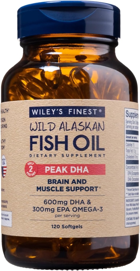 Wiley's Finest Wild Alaskan Fish Oil Peak DHA - 900mg EPA y DHA Omega-3s - 120 Softgels (60 Servings)