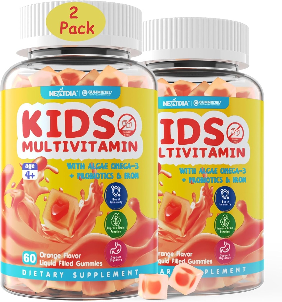 (2 Pack) Gummies multivitamínicos para niños con hierro, azúcar gratis, vitaminas diarias para niños + probióticos, Algae Omega 3 (EPA/DHA), A, C, D, Metil B12, Folate, B6, Zinc, Biotina, para el crecimiento saludable, Immune Support