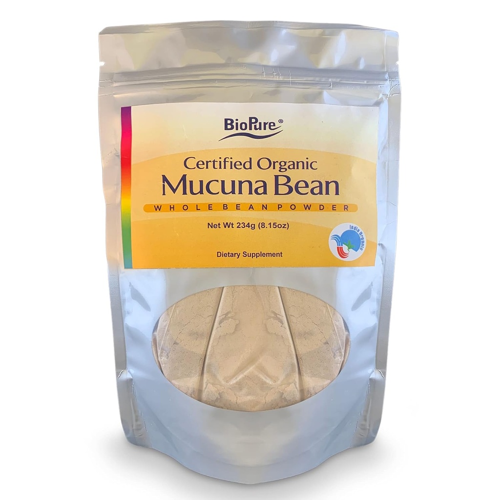 BioPure Certified Organic Mucuna Bean Powder – Natural Nootropic " Adaptogen Suplemento con Dopamine " Serotonin para apoyar la salud cerebral, la respuesta de estrés corporal y bienestar general - 8,15 oz