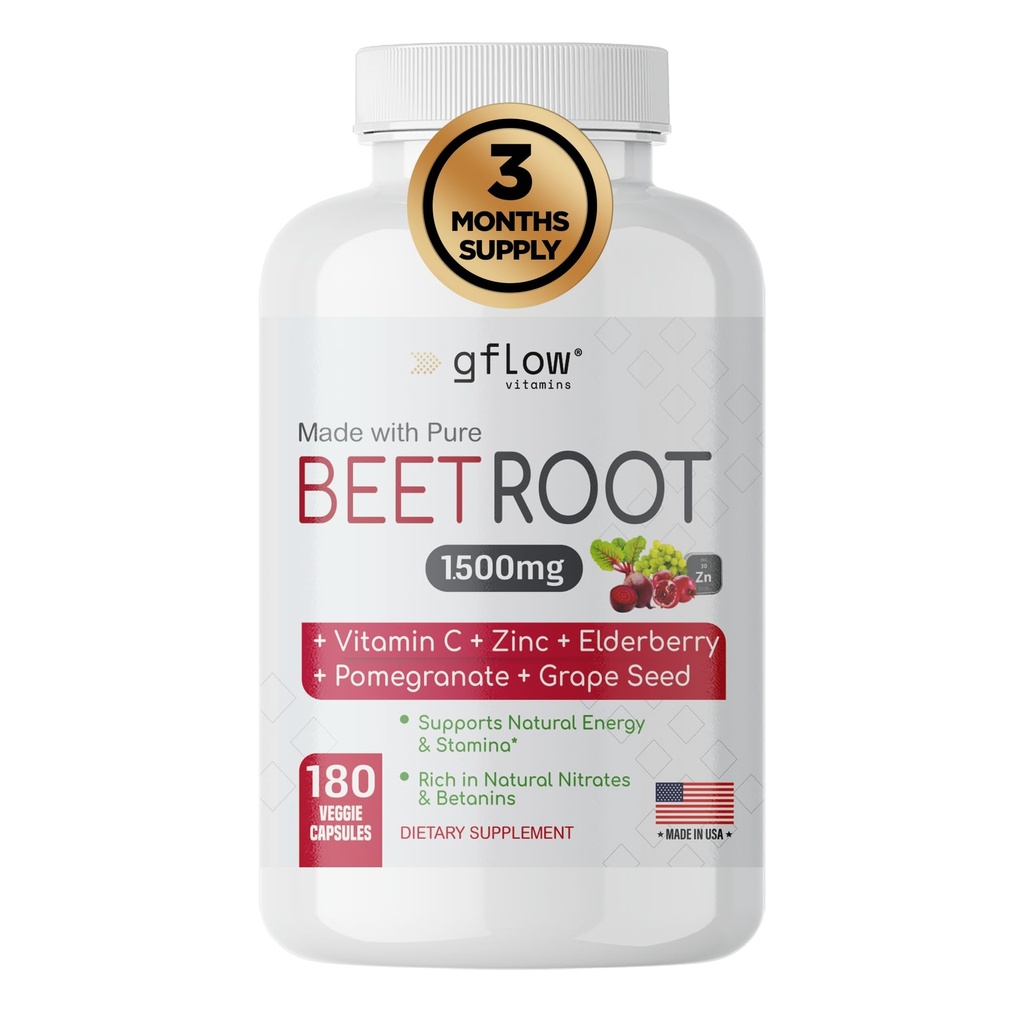 Beet Root Capsules Organic - All Natural with Vitamin C and Zinc - Supports Heart Health ' Stamina, Non-GMO, 180 Vegetarian Capsules ⋅ Made in USA