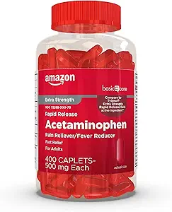 Cuidado básico de liberación rápida Capillas de acetaminofeno 500 mg, Alimentador de Dolor de Fuerza Extra y Reductor de Fiebre, 400 Conde