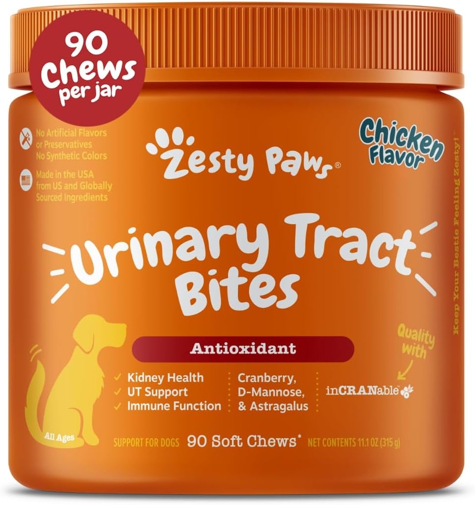 Zesty Paws Suplemento de arándano para perros - Control de vejiga para perros - Soporte de la trampa urinaria - Cervezas de arándano - Soporte de manteca de arándano - Pollo - 90 Conde