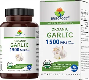 Brieofood Ajo Orgánico 1500mg, 45 Servimientos, Vegetariano, Gluten Gratis, 90 Tabletas Vegetarianas