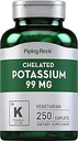 Piping Rock Chelated Potassium Suplemento 99mg  250 Caplets peru Potassium Gluconate ← Vegetarian, Non-GMO, Gluten Free