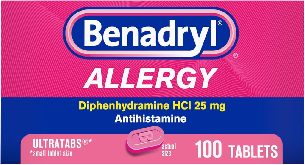 Benadryl Ultratabs Allergy Medicine, 25 mg Diphenhydramine HCl Antihistamine Tablets for Cold &amp; Allergy Relief of Symptoms Like Sneezing, Runny Nose, Itchy Eyes & Throat, Hay Fever, 100 Count Tablets
