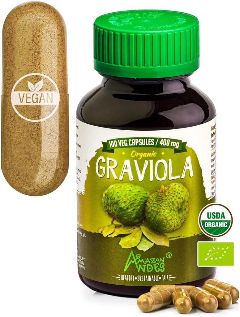 Andes Graviola Capsules - Rich in Vitamin C & Fiber - Immune System Stimulator - Función Celular Saludable - Vegan, No GMO, Sin gluten, Certificado de Fairtrade - 100 Soursop Pills (400mg)