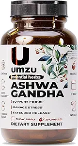 UMZU Ashwagandha Advanced Stress & Cortisol Support Supplement, Memory, Focus, Cognition, 24-Hour Extended Release (30 Day Supply  30 Capsules)