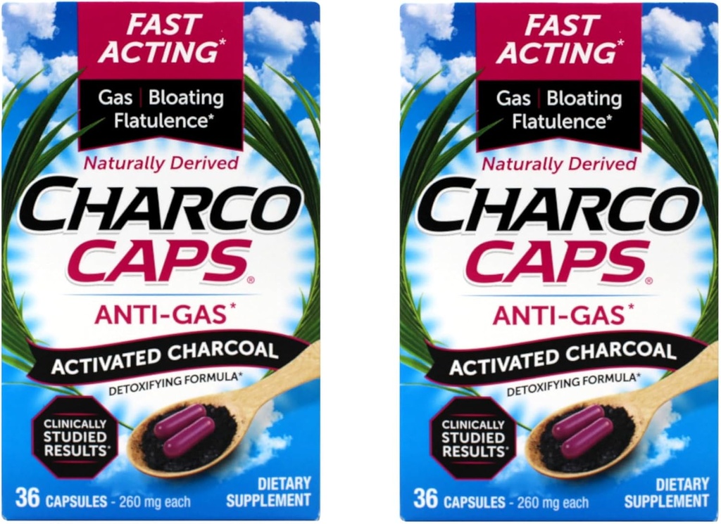 Anti-Gas – Fast-Acting Activated Charcoal Detoxifying Fórmula, Naturalmente Derivado, Alivio por Gas, Bloating y Flatulence, 36 cápsulas, 260 mg Cada (Pack of 2)
