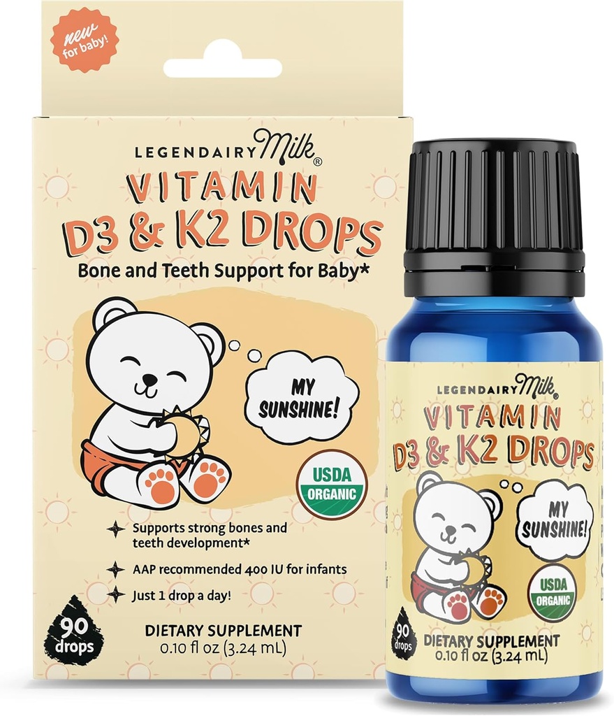 Legendairy Milk Organic Baby Vitamin D3 K2 Liquid Drops, 400 UI de Baby Vitamin D Drops for Infants with K2 Drops, Vitamin D Drops for Newborns, Toddlers, and Kids, Vegan, 90 Drops Liquid