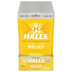 HALLS Relief Honey Lemon Sugar Free Cough Drops, 12 Bags of 25 Drops (300 Total Drops)