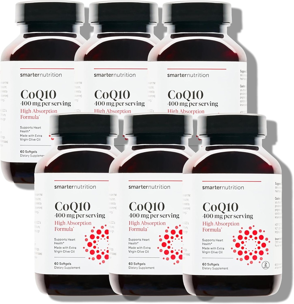 SMARTERNUTRITION CoQ10 400 mg Alta Absorción - Naturalmente Fermentada Ubiquinone w/Organic Cold-Presed Olive Oil - for Heart Health, Cellular Energy - Non-GMO, Gluten Free - 360 Count[180-Day Supply]