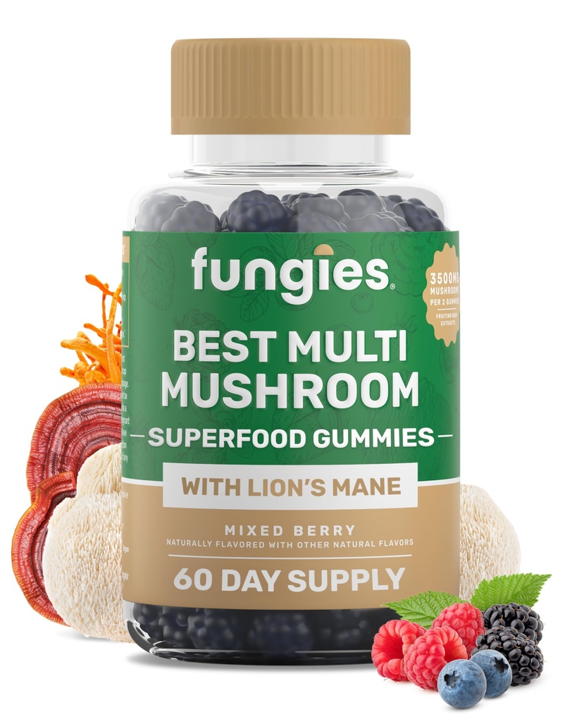 Fungies Multi Mushroom Gummies for Men &amp; Women - Mushroom Suplemento Incluye Mane de León, Cordyceps, Reishi, Chaga, Shiitake, Maitake & Turquía Tail - Gelatin-Free, Gluten-Free & Vegan Gummy Vitaminas