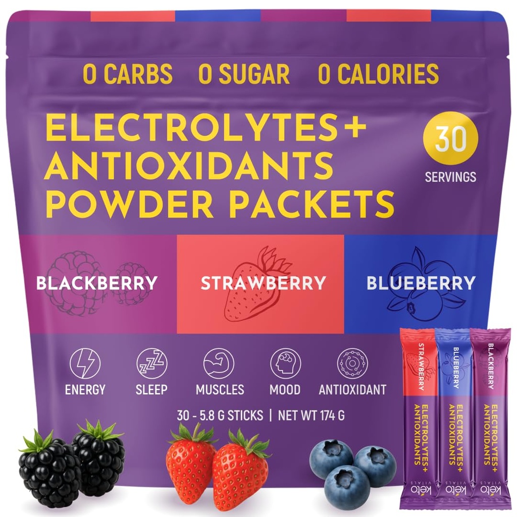 Keto Vitals Berry Electrolytes Powder Packets No Sugar ← Keto Friendly Electrolytes Travel Packets ← Variedad Stickpacks individuales ← Energy Drink Mix ← Zero Calorie ← Zero Carb (Berry Assorted, 30)