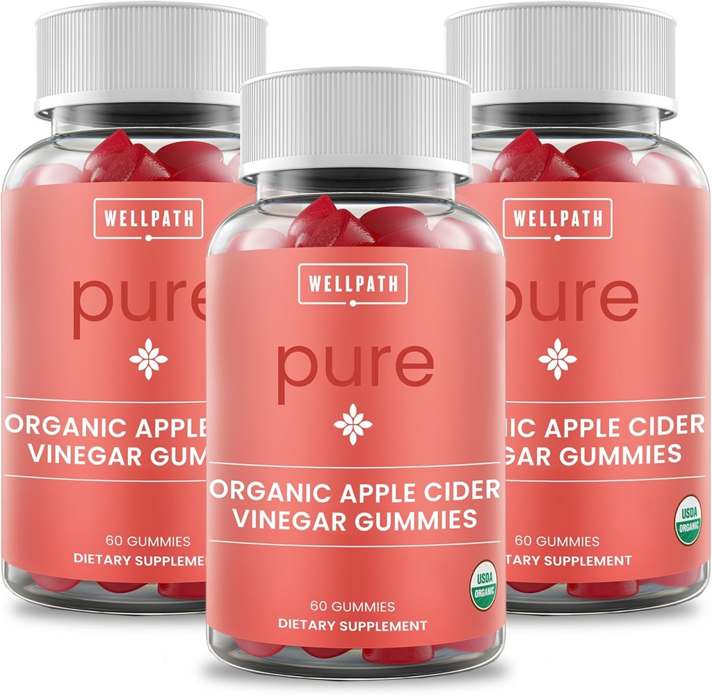 WellPath Pure Organic Apple Cider Vinegar Gummies from The Mother (3 Pack) - Hecho con jengibre para Gut Health ← Vegan, Non-GMO, 180 Ct